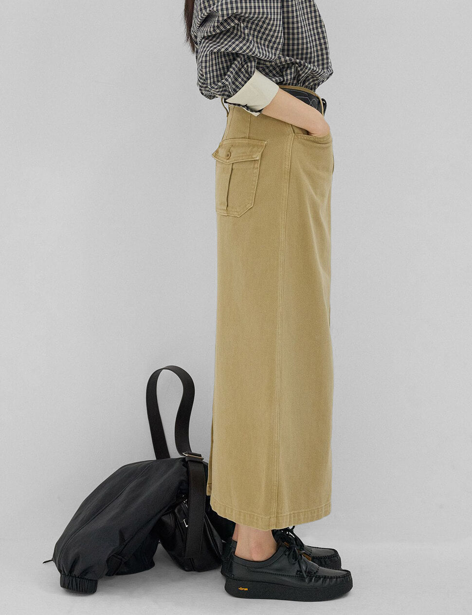 Khaki Denim Straight Cargo Maxi Skirt-PREORDER