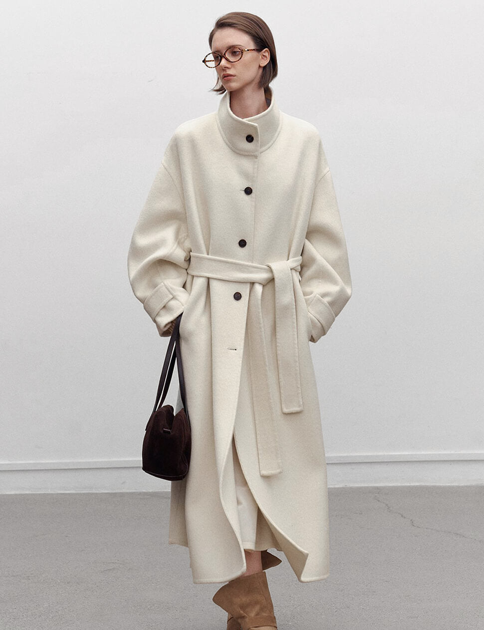 Ivory Funnel Neck Belted Coat-PREORDER