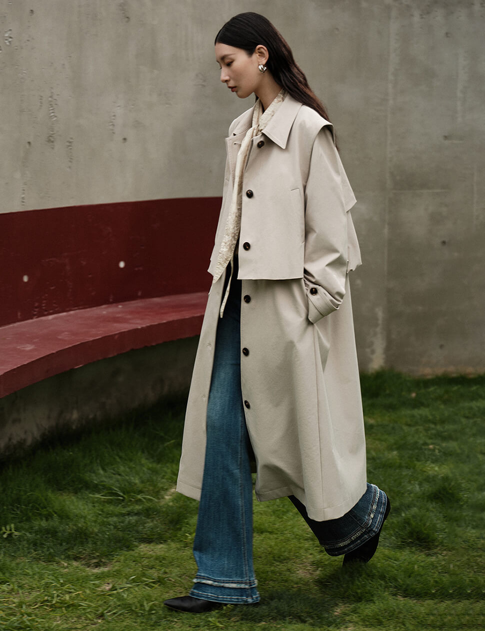 Beige Layered Longline Trench Coat-PREORDER