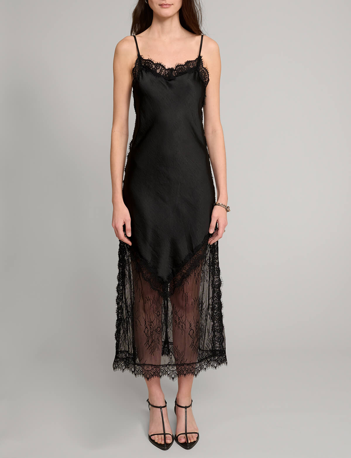 Black Satin Lace Slip Dress | Asymmetric Lace Hem Midi Dress S Black Satin Lace Slip Dress | Asymmetric Lace Hem Midi Dress S