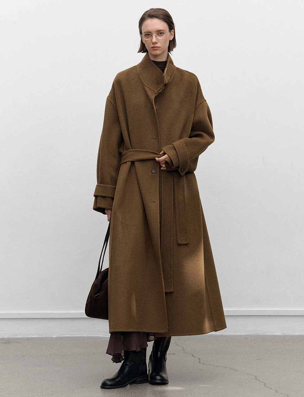 Khaki Funnel Neck Belted Coat-PREORDER