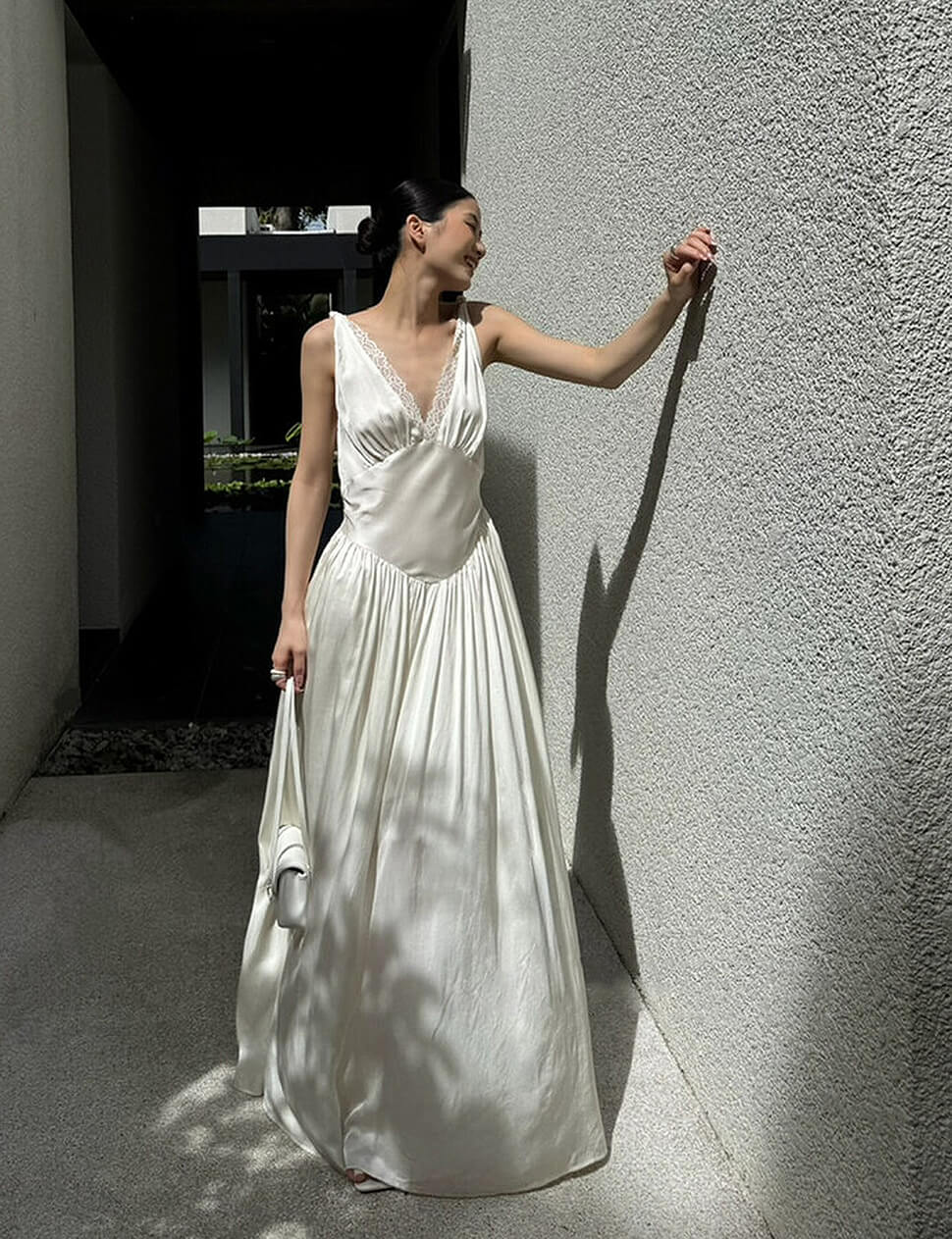 Cream Satin Lace Trim Maxi Dress S Cream Satin Lace Trim Maxi Dress S