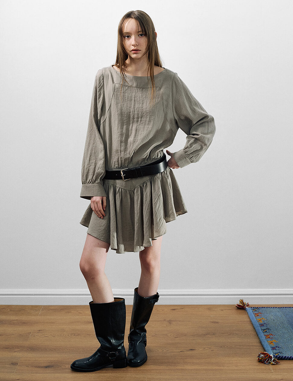 Greige Drop-Waist Gathered Mini Dress-PREORDER