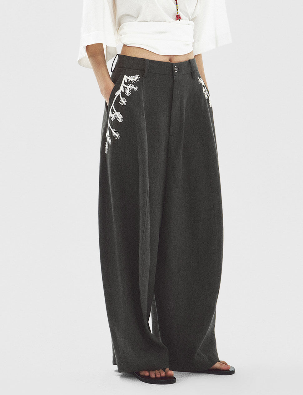Embroidered Wide-Leg Trouser in Grey-PREORDER