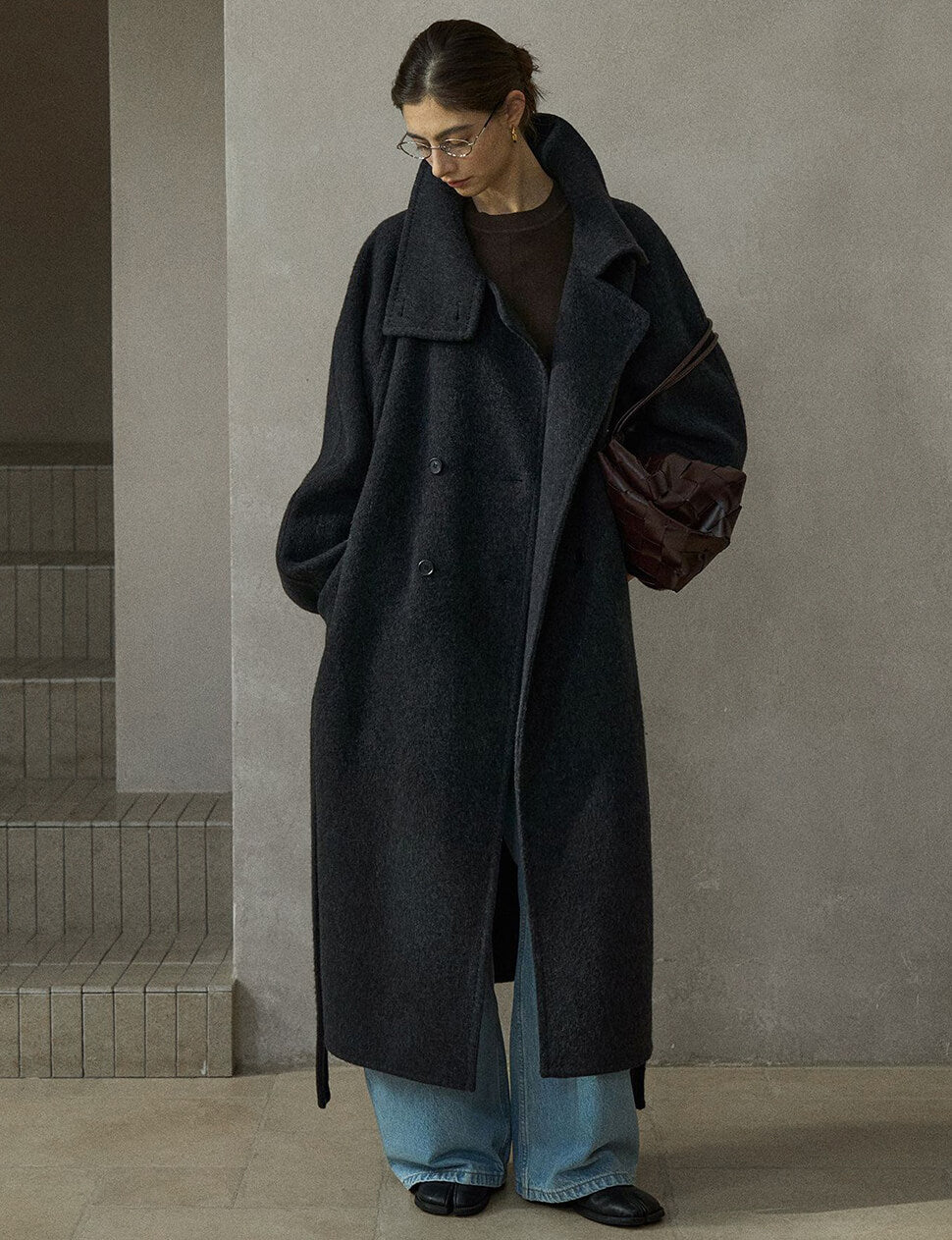 Grey Wool Funnel Neck Long Coat -PREORDER