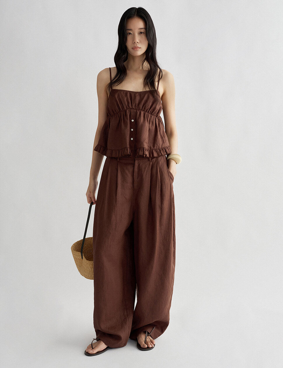 Barrel-Leg Linen Pant in Brown-PREORDER