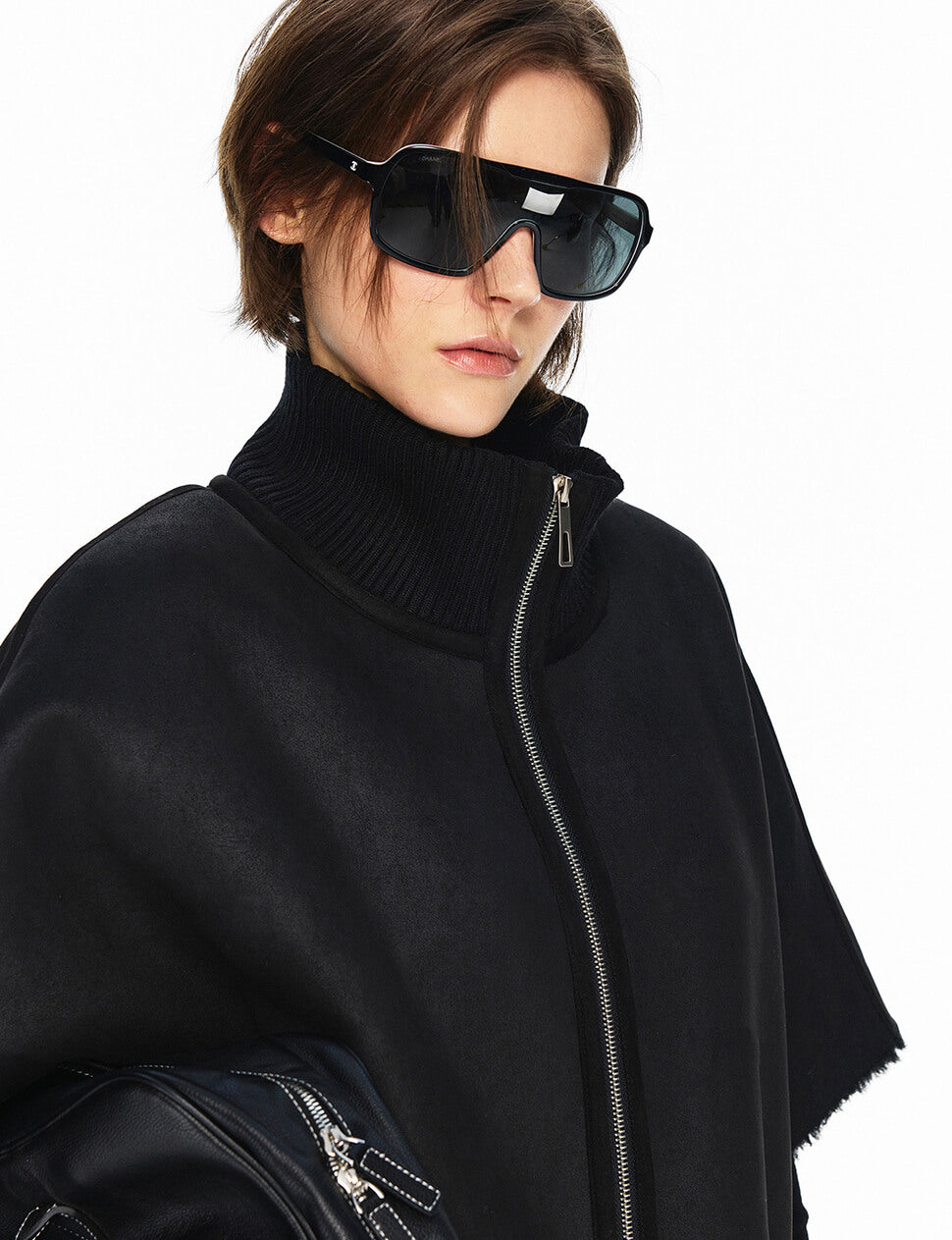 Knit High-Collar Zip Cape in Black -PREORDER