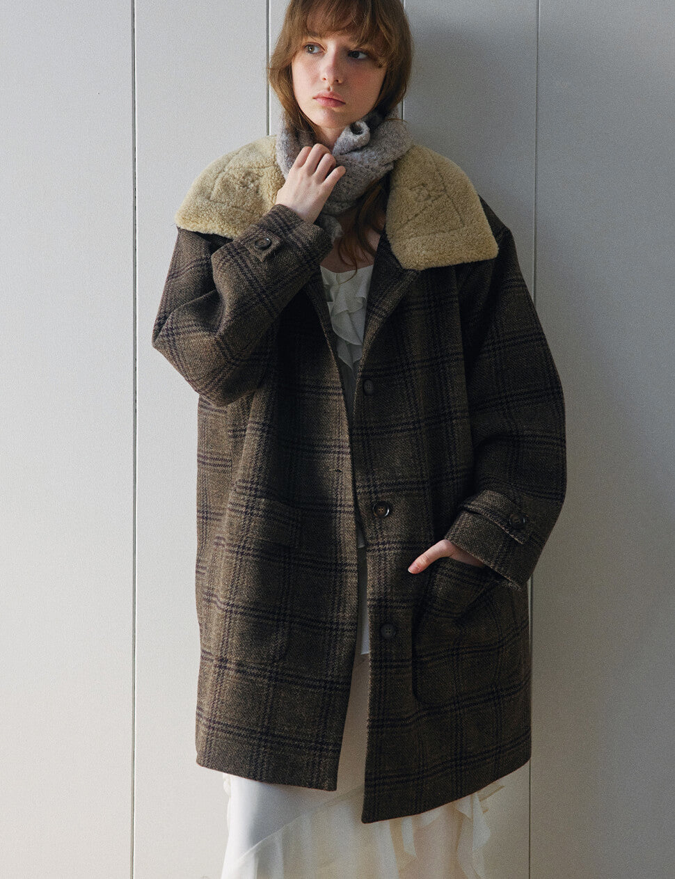 Brown Plaid Fur Collar Coat -PREORDER