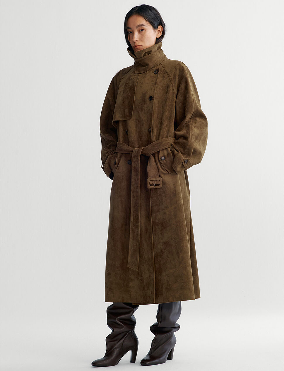 Khaki Brown Suede Trench Coat -PREORDER