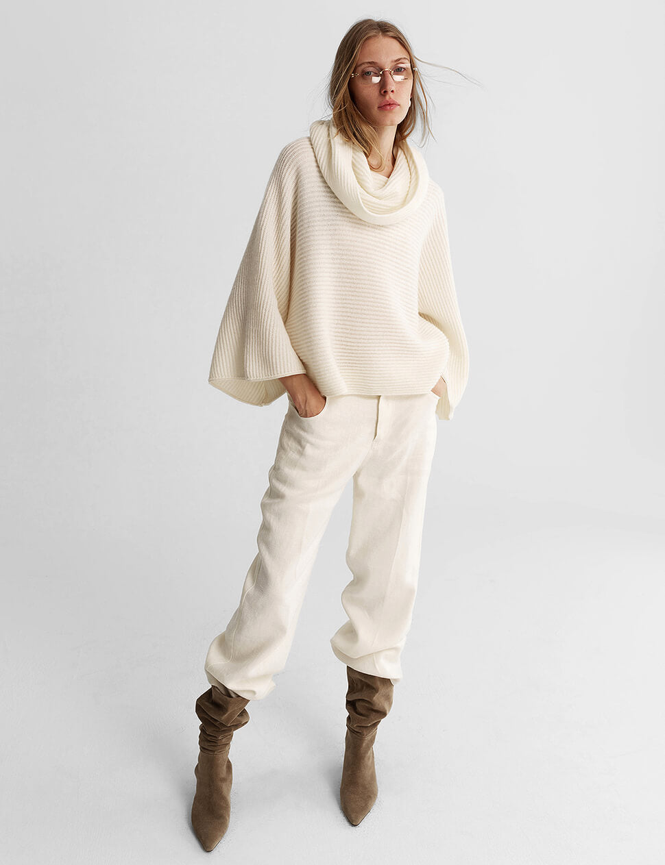 Ribbed Cowl Neck Sweater in Ivory-PREORDER