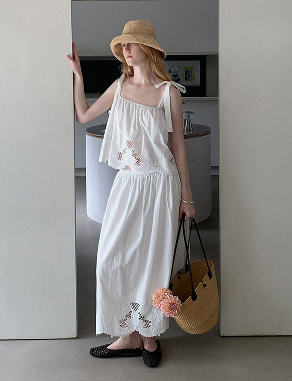 Embroidered Midi Skirt with Scalloped Hem-PREORDER