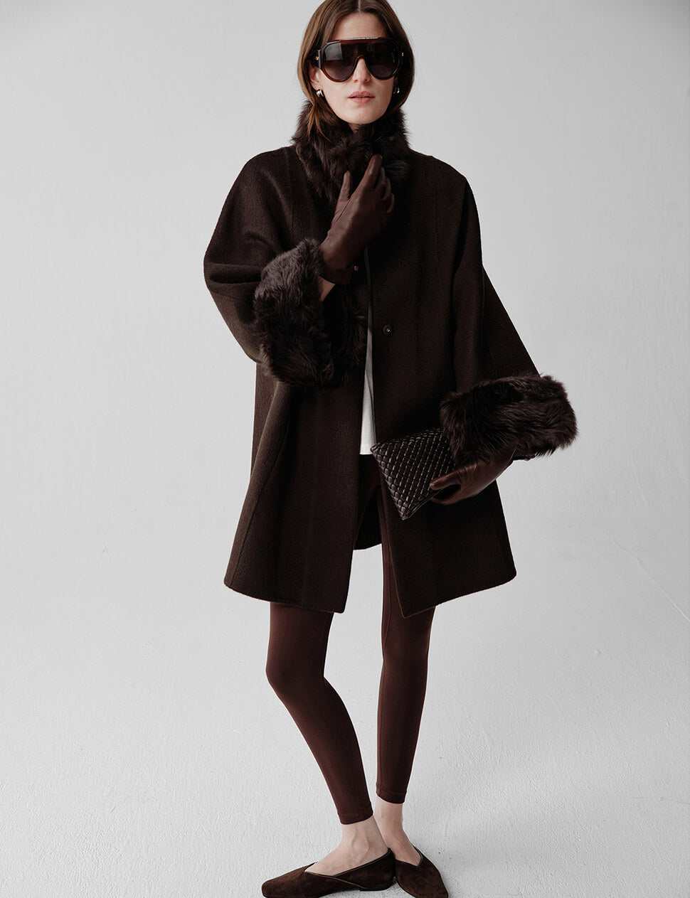 Fur-Trim Wool Coat in Chocolate-PREORDER