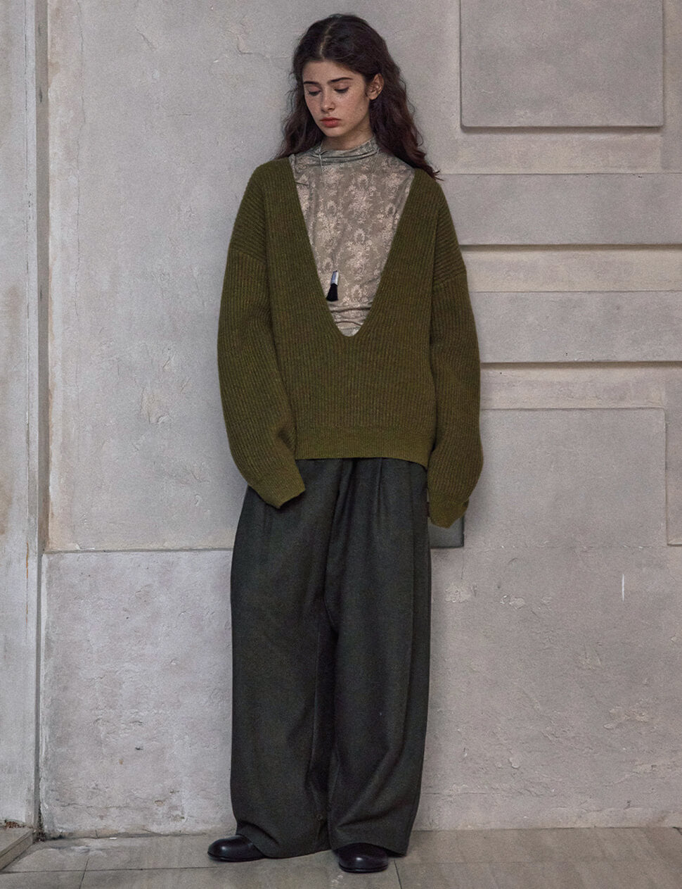 Olive Deep-V-Neck Sweater -PREORDER