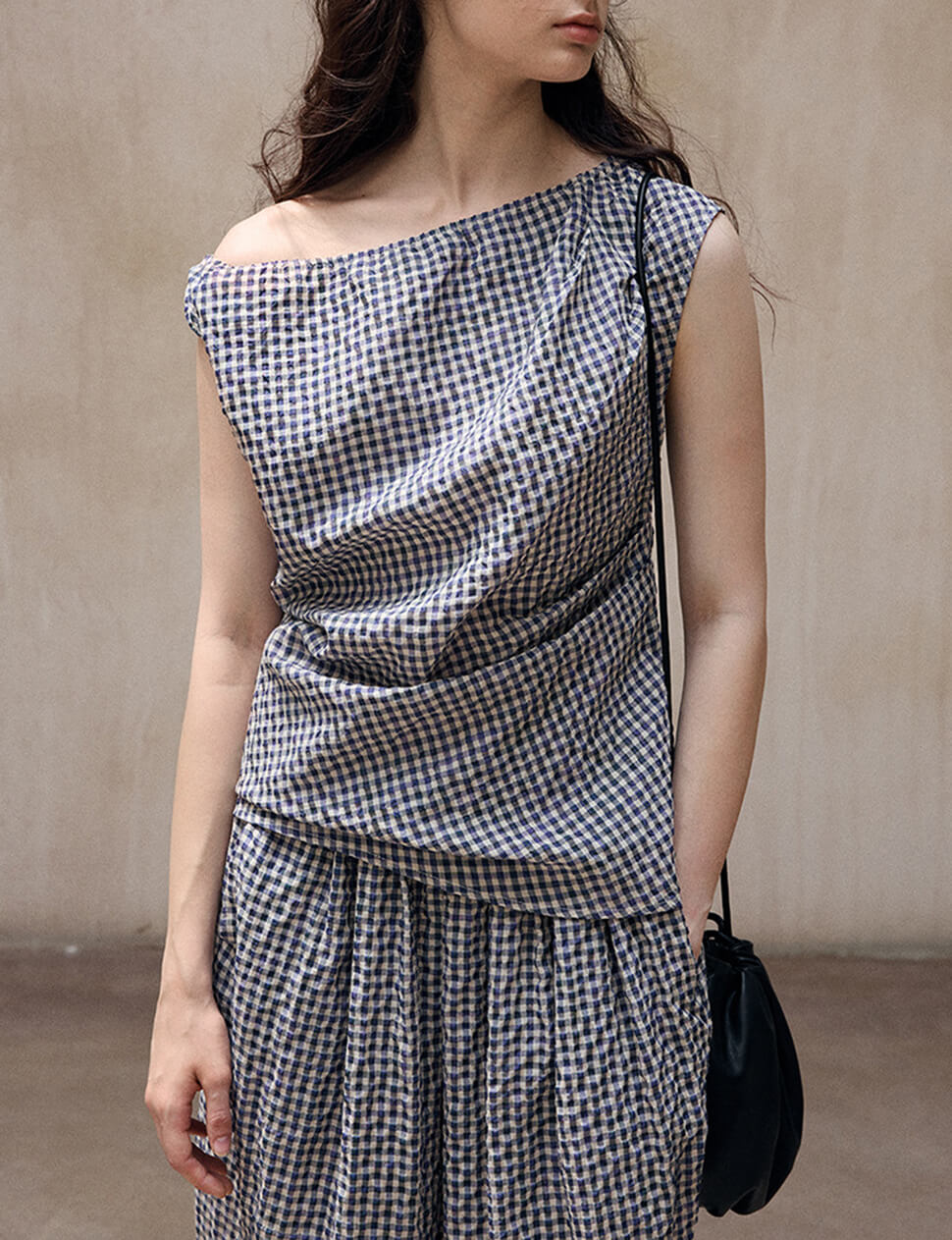 Gingham Asymmetric Draped Top-PREORDER