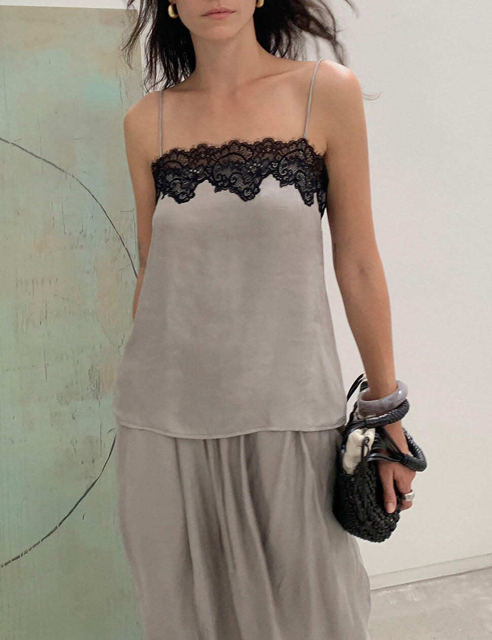 Lace Trim Slip Cami Top in Stone-PREORDER