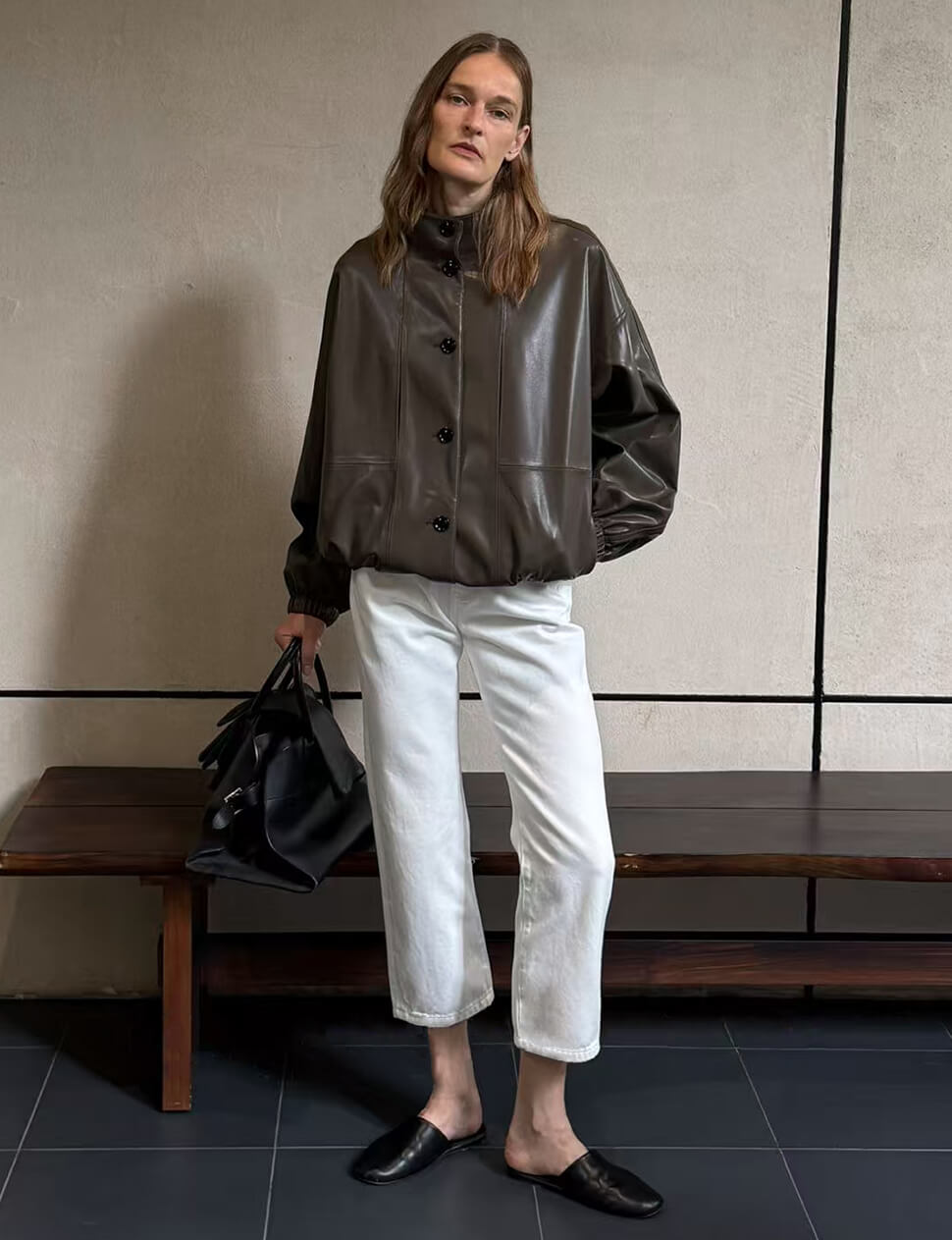 Brown Funnel Neck Leather Bomber Jacket-PREORDER