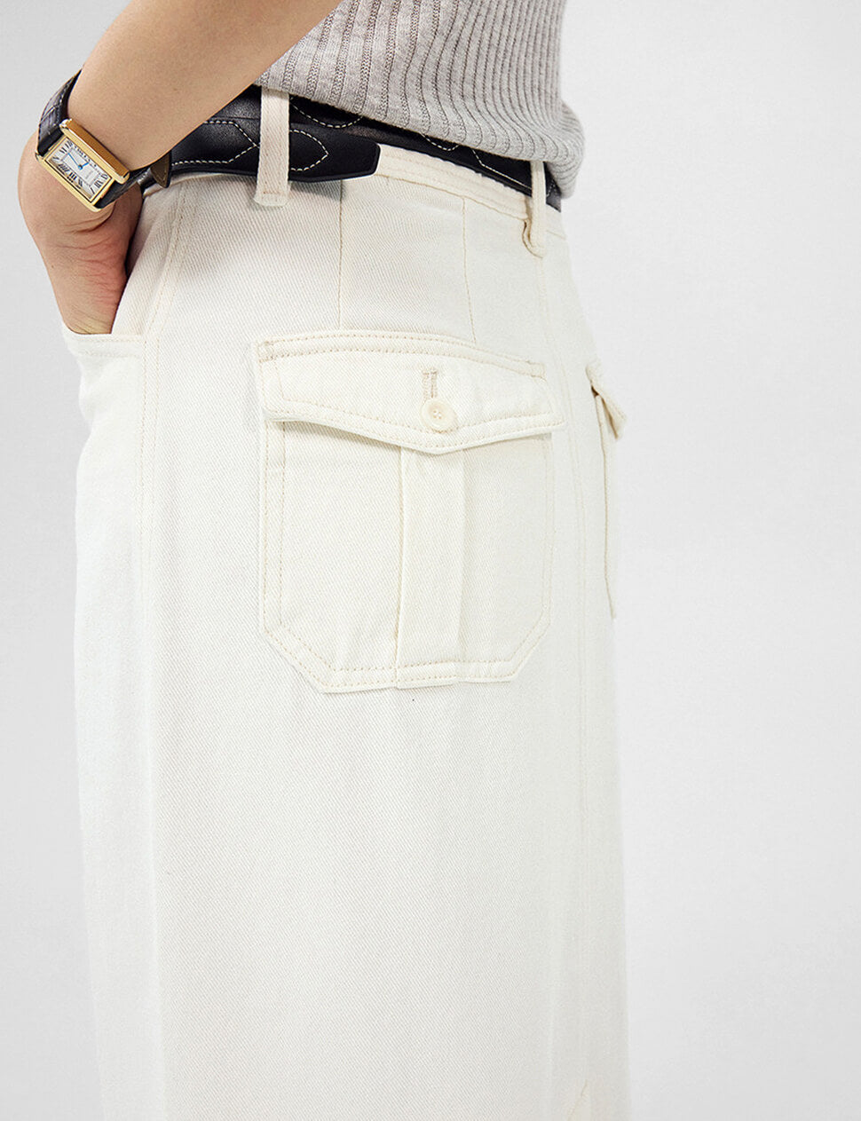 Ecru Denim Straight Cargo Maxi Skirt-PREORDER