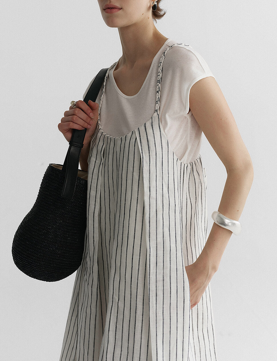 Braided Strap Linen Dress in Black Stripe-PREORDER