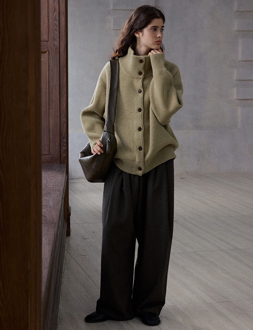 Olive Funnel Neck Cardigan -PREORDER