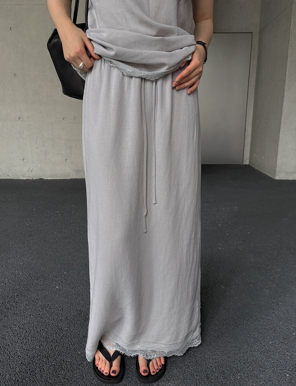 Lace Trim Slip Drawstring Maxi Skirt-PREORDER