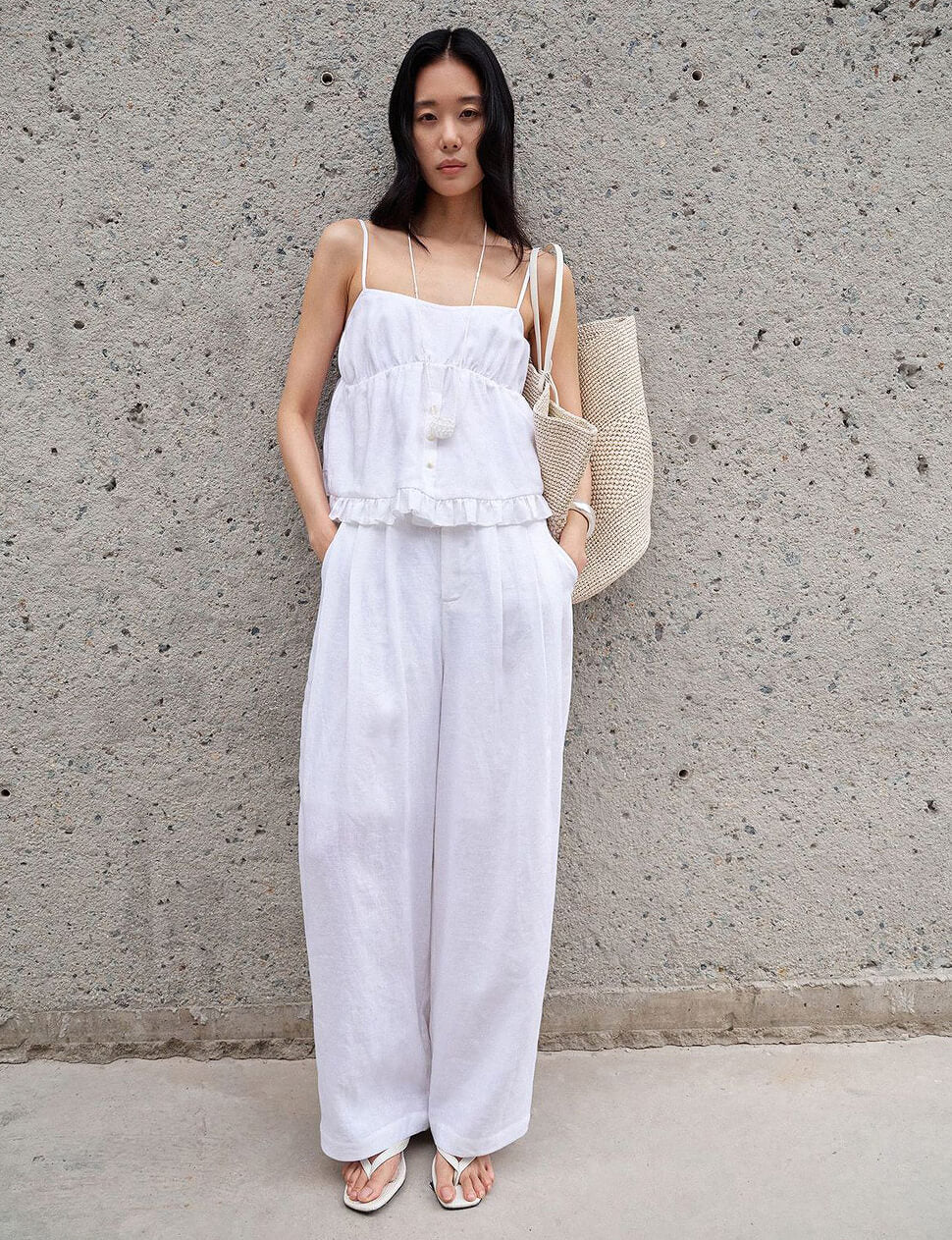 Barrel-Leg Linen Pant in White-PREORDER