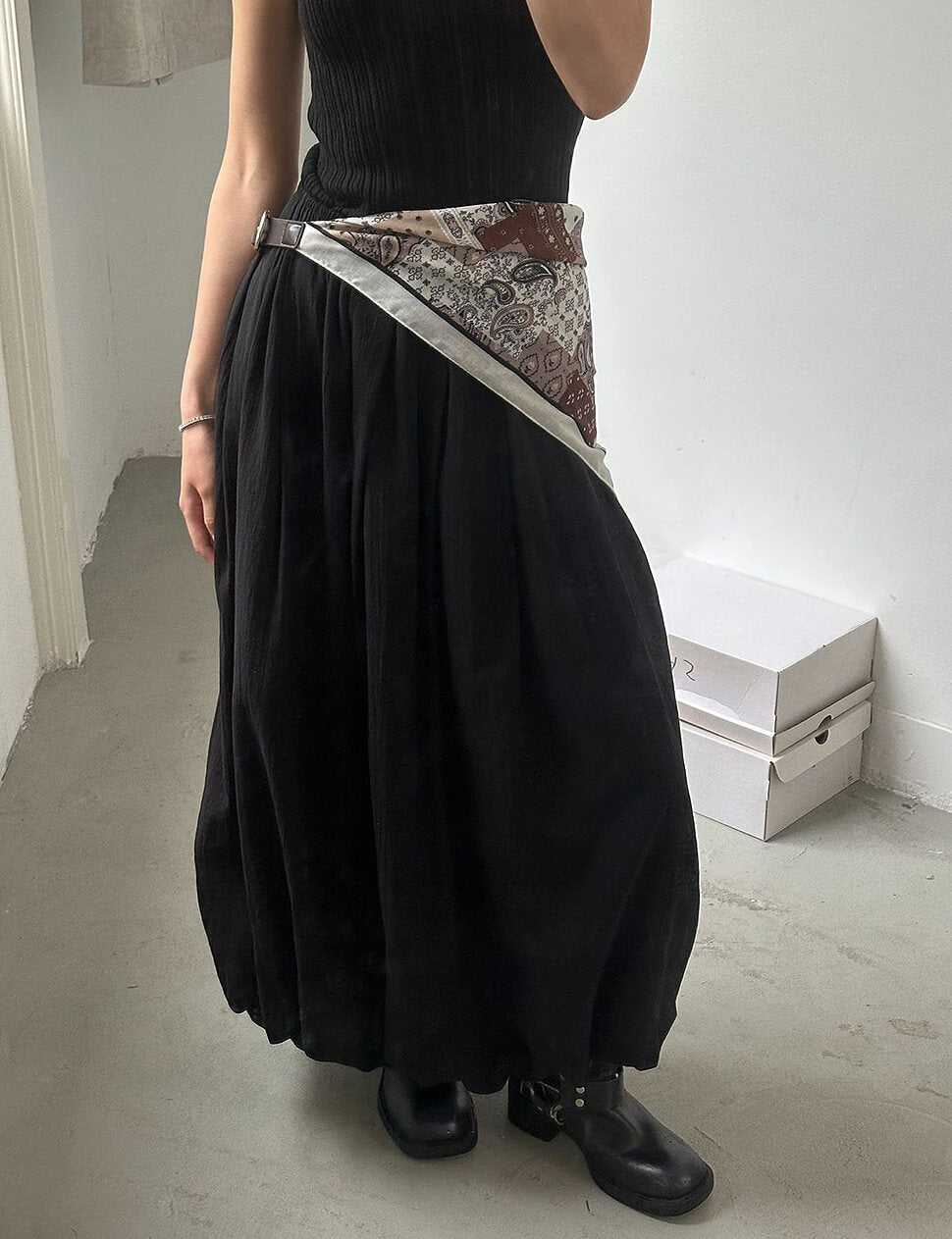 Black Bubble Hem Scarf Belted Skirt-PREORDER