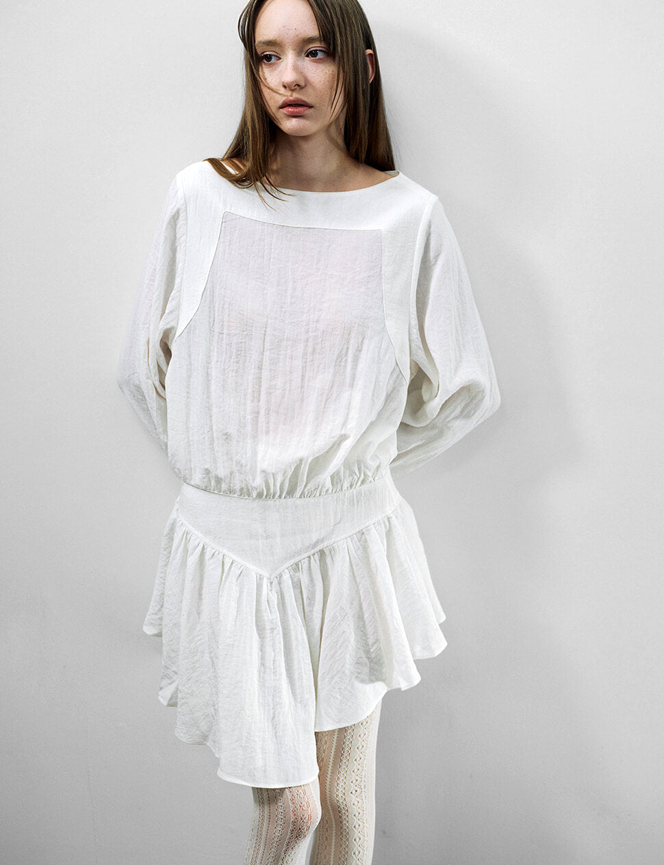 White Drop-Waist Gathered Mini Dress-PREORDER