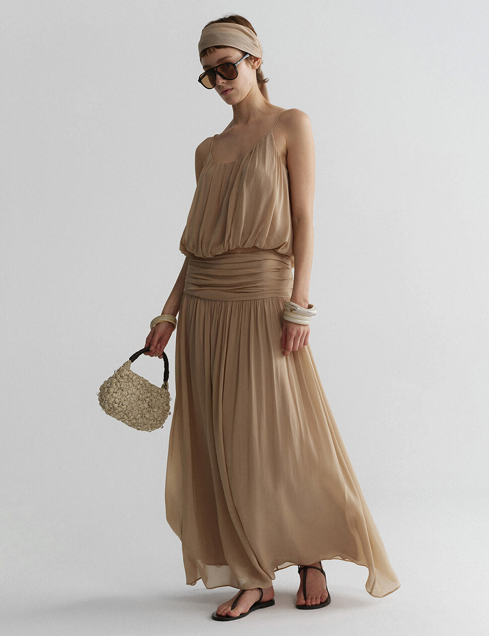 Ruched Waist Chiffon Maxi Skirt in Champagne-PREORDER