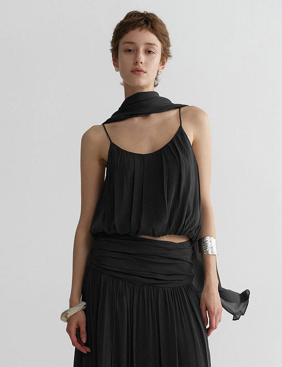 Black Chiffon Bubble Cami Top with Scarf-PREORDER