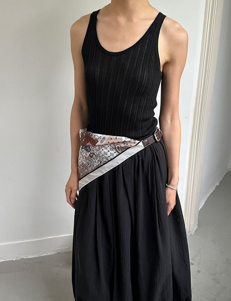 Black Bubble Hem Scarf Belted Skirt-PREORDER