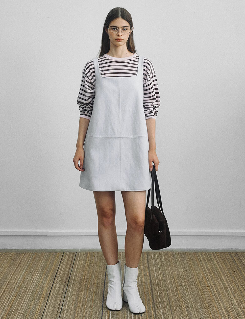 White Grey Leather Pinafore A-Line Dress-PREORDER