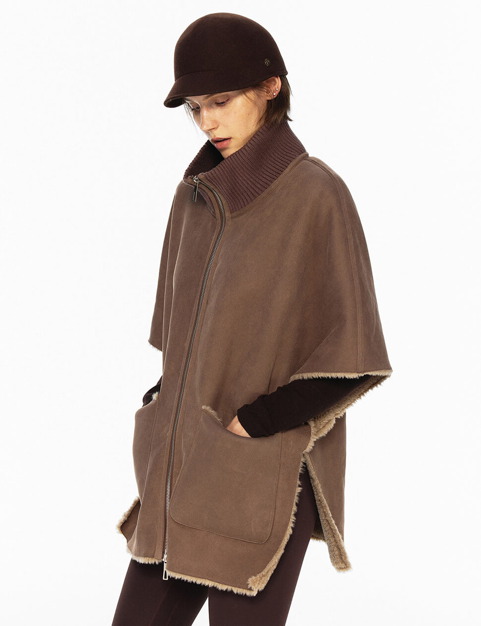 Knit High-Collar Zip Cape in Brown -PREORDER