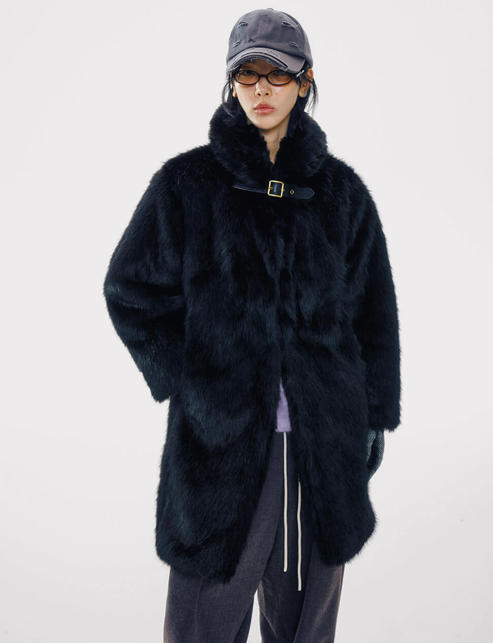 Black Buckled Neck Fur Coat -PREORDER