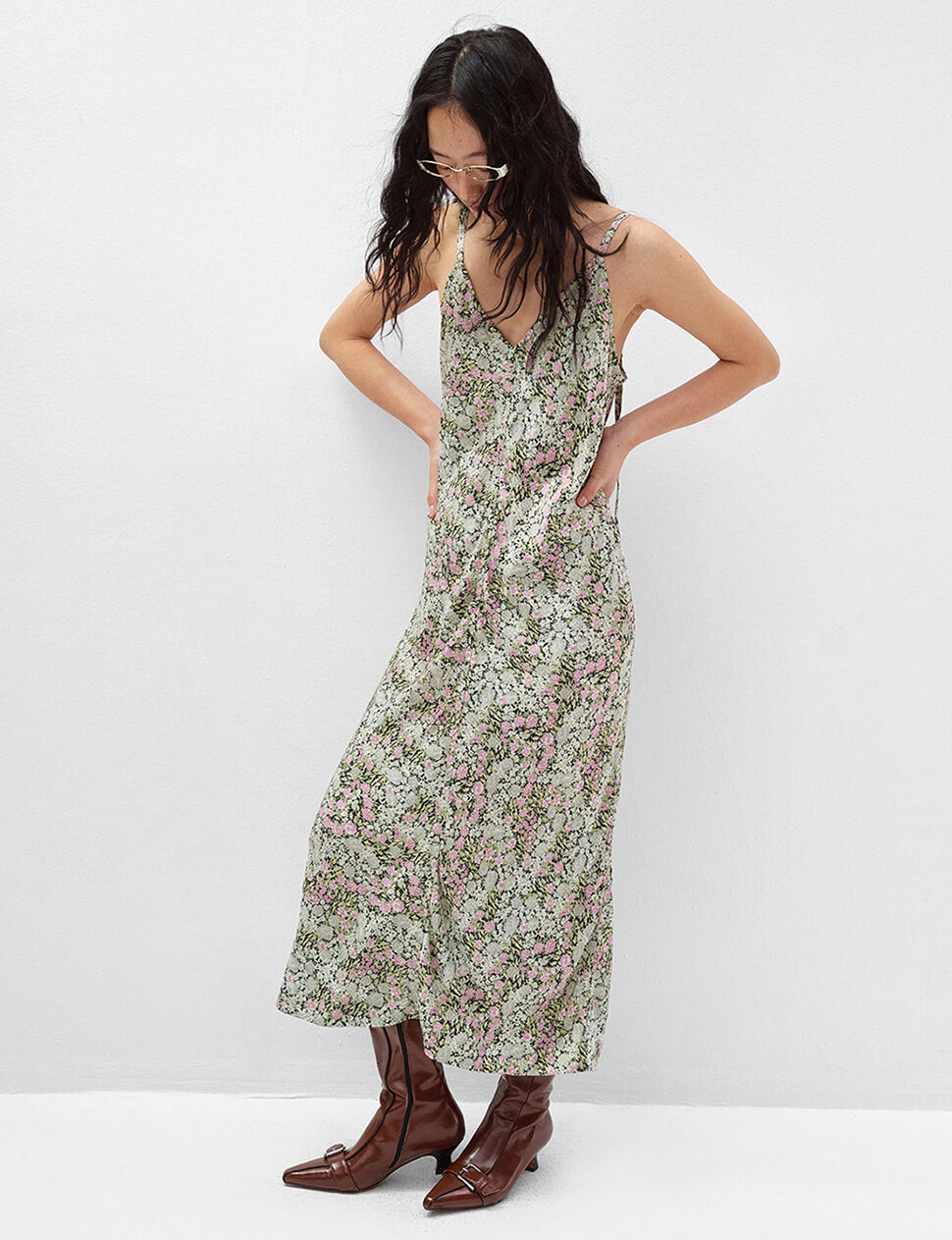 Floral Satin Slip Midi Dress-PREORDER
