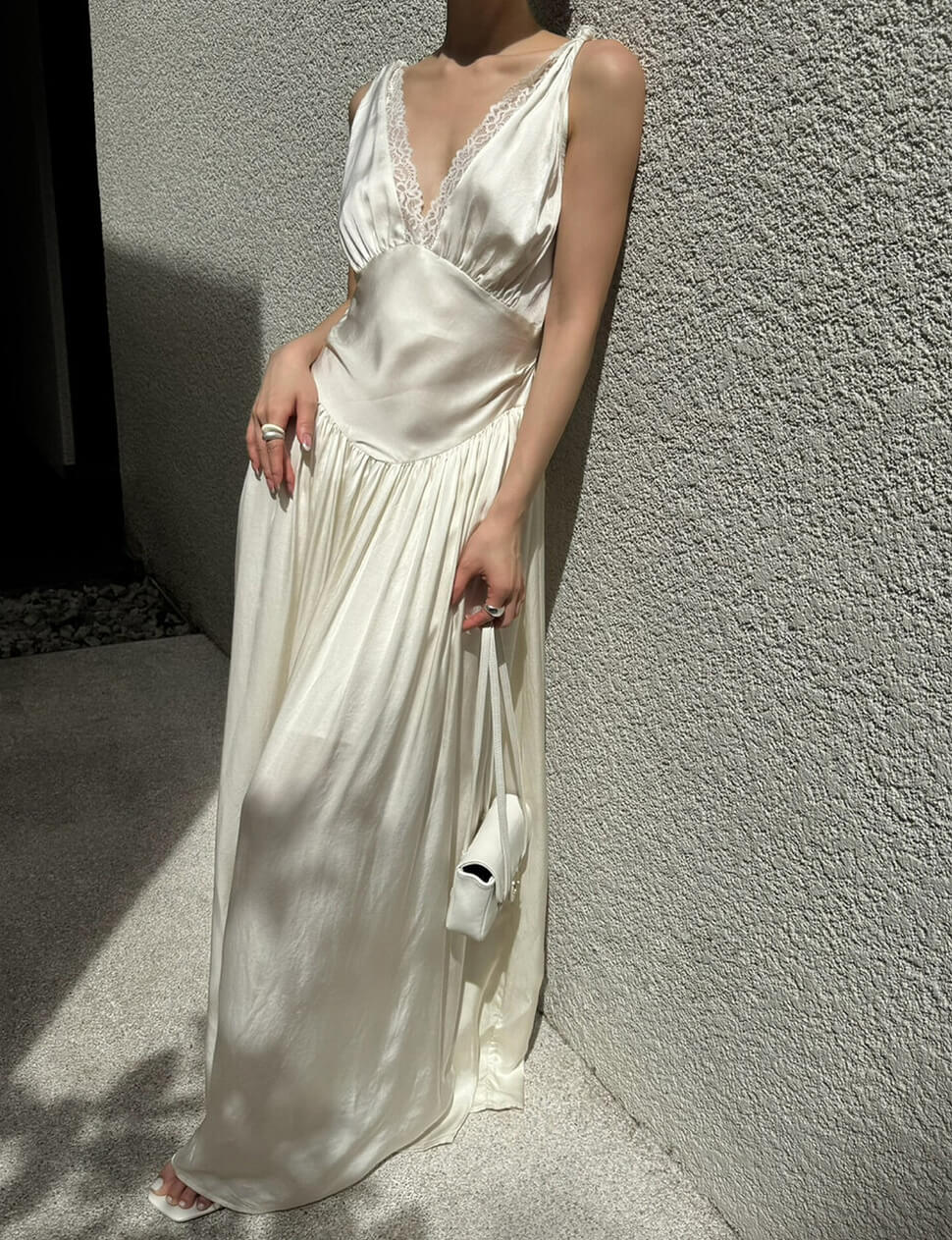 Cream Satin Lace Trim Maxi Dress Cream Satin Lace Trim Maxi Dress