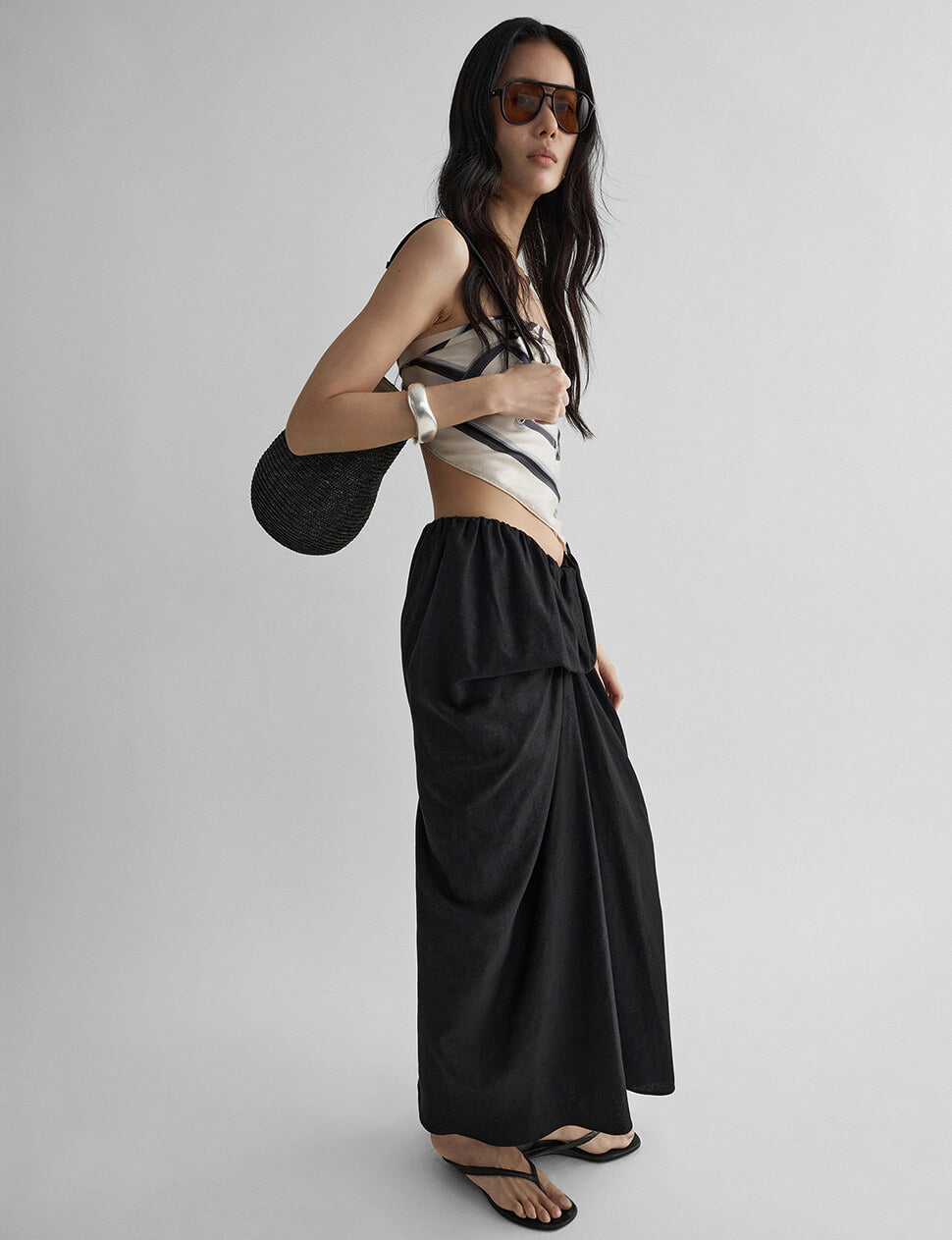 Black Draped Linen Maxi Skirt-PREORDER
