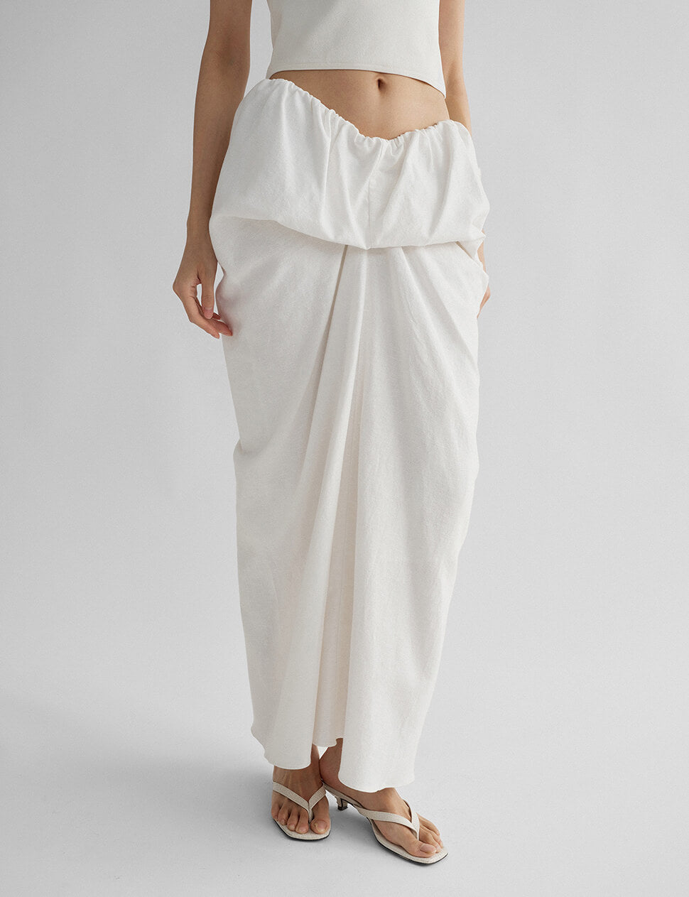 White Draped Linen Maxi Skirt-PREORDER