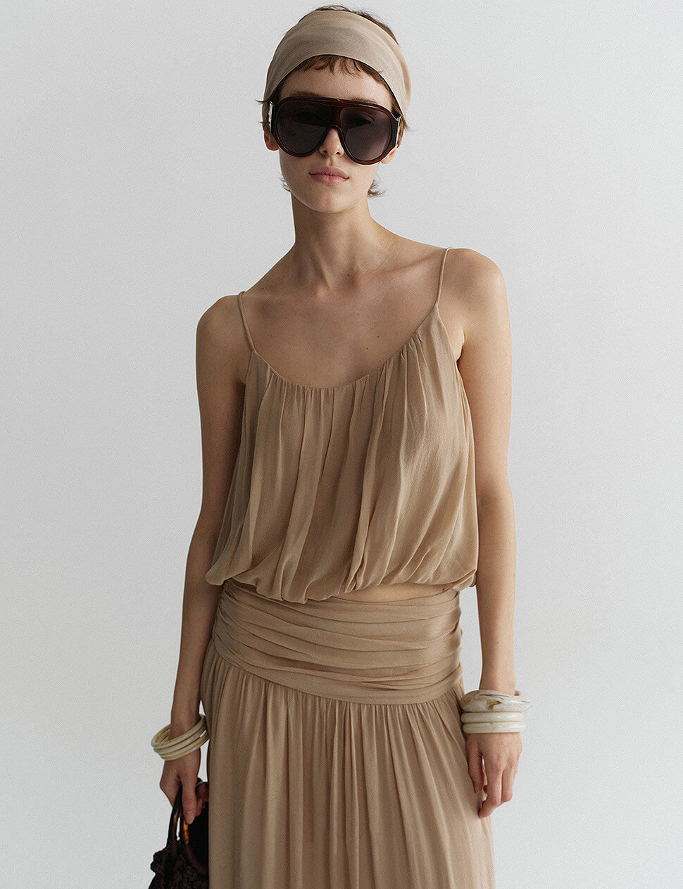Champagne Chiffon Bubble Cami Top with Scarf-PREORDER