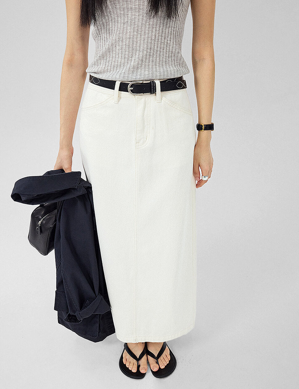 Ecru Denim Straight Cargo Maxi Skirt-PREORDER