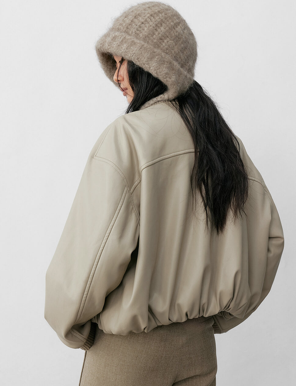 Beige Leather Bomber Jacket-PREORDER