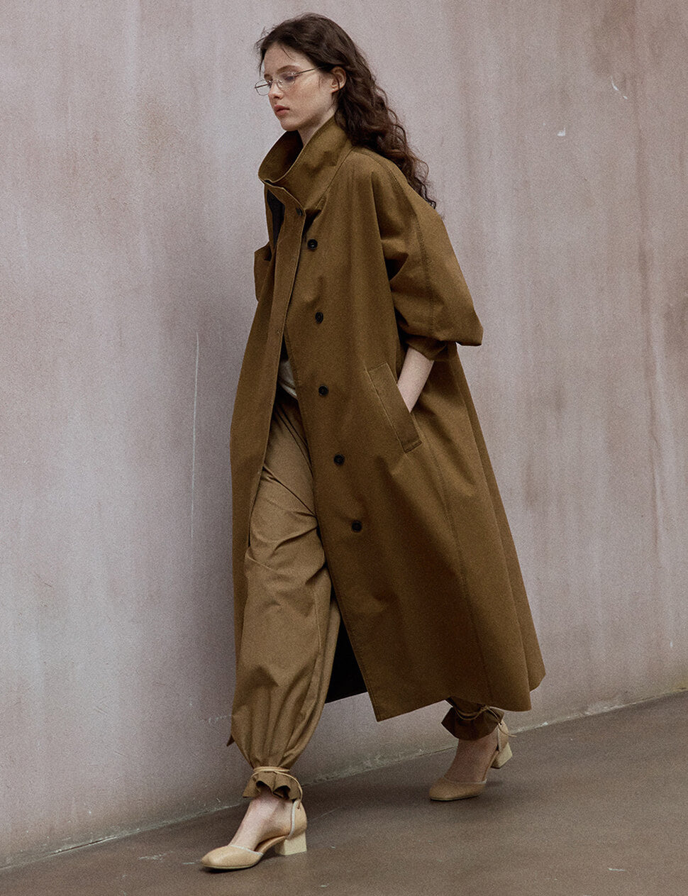 Toffee-Stand Collar Long Trench Jacket -PREORDER