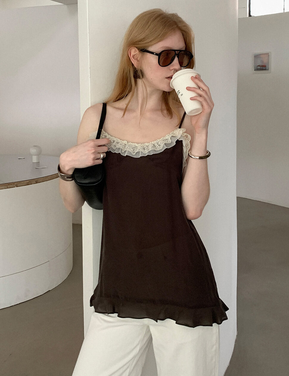 Brown Sheer Lace-Trim Cami Top-PREORDER