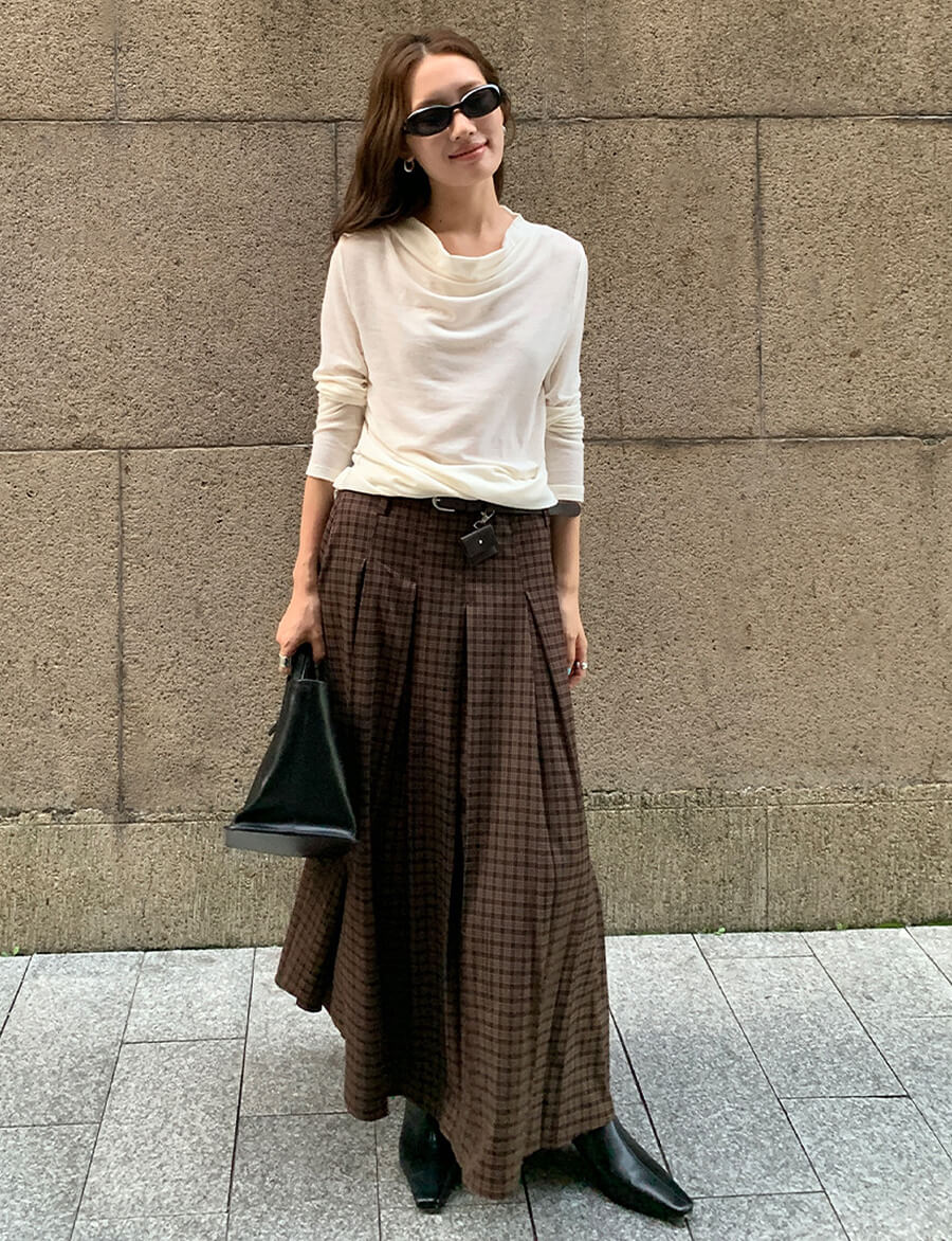 Brown Plaid Belted Skirt-PREORDER