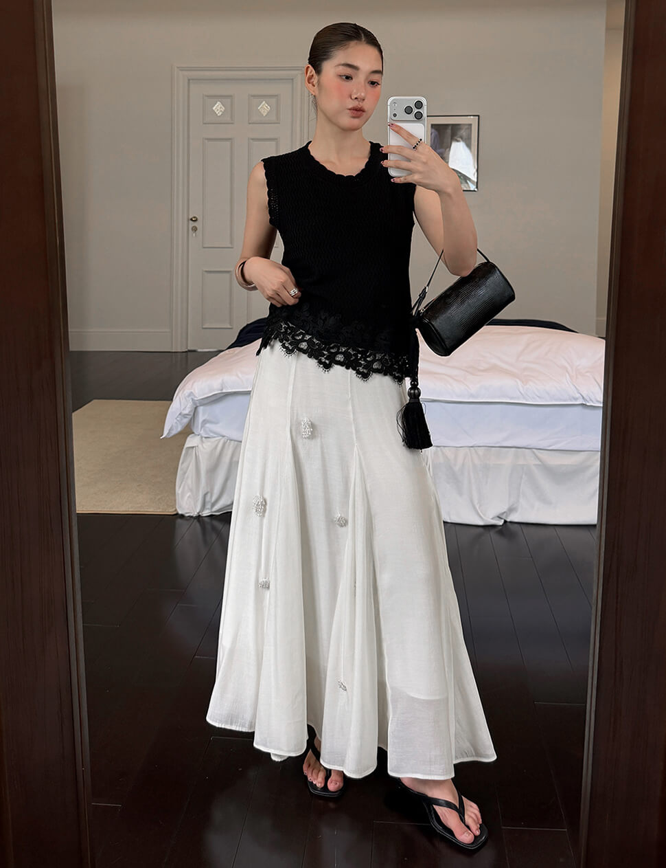 Ivory Beaded Appliqué Pleated Maxi Skirt-PREORDER