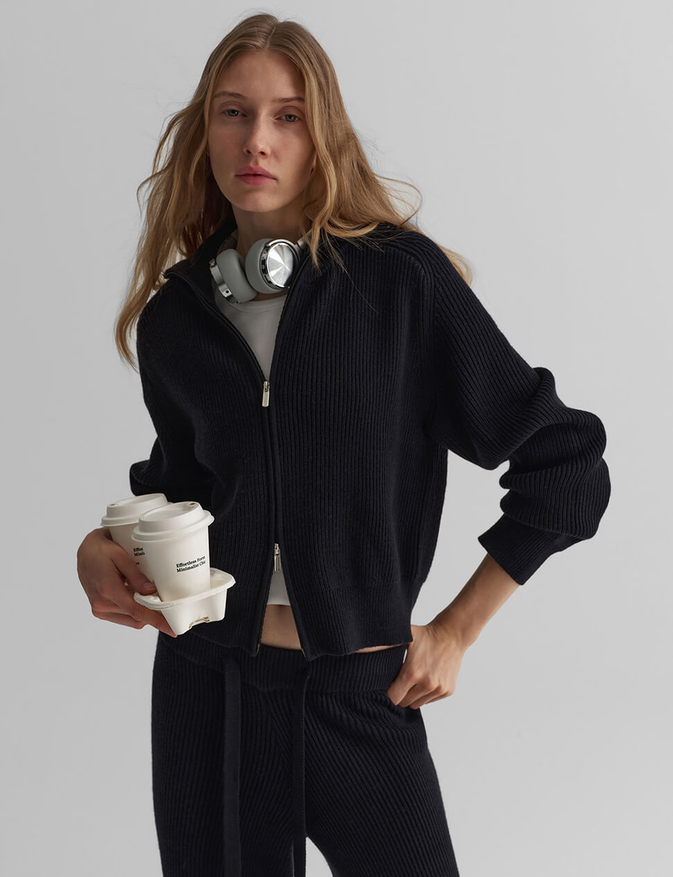 Navy Rib Knit Funnel Collar Double Zip Jacket-PREORDER
