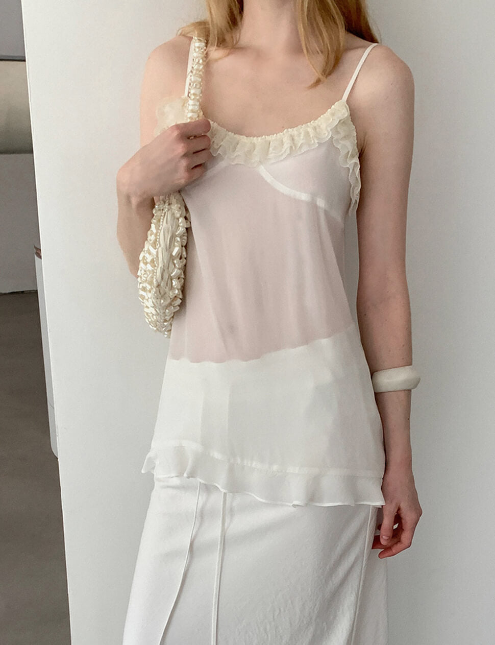 Ivory Sheer Lace-Trim Cami Top-PREORDER