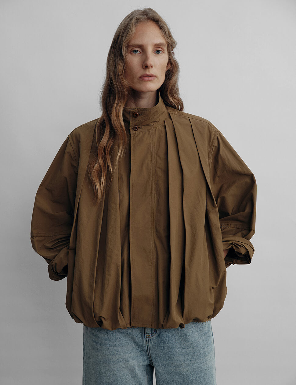 Pleated Front Funnel-Neck Blouson Jacket-PREORDER