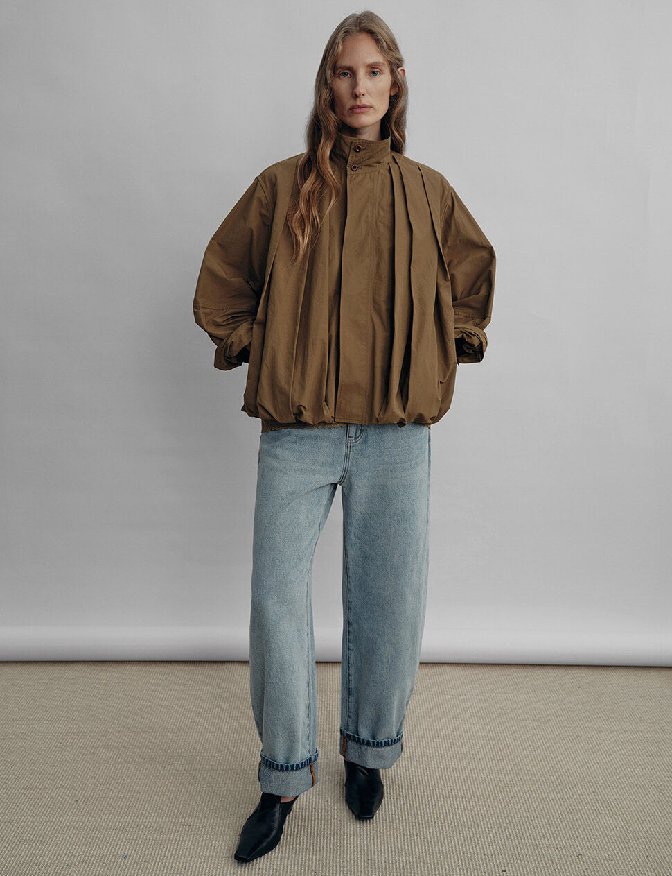 Pleated Front Funnel-Neck Blouson Jacket-PREORDER