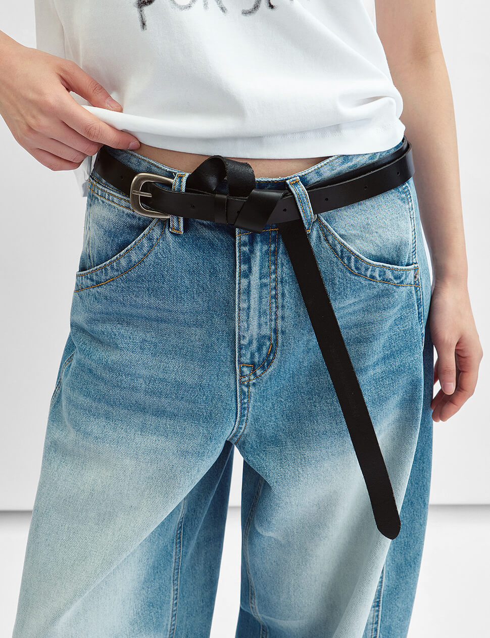 Black Long Leather Belt with Silver Buckle-PREORDER