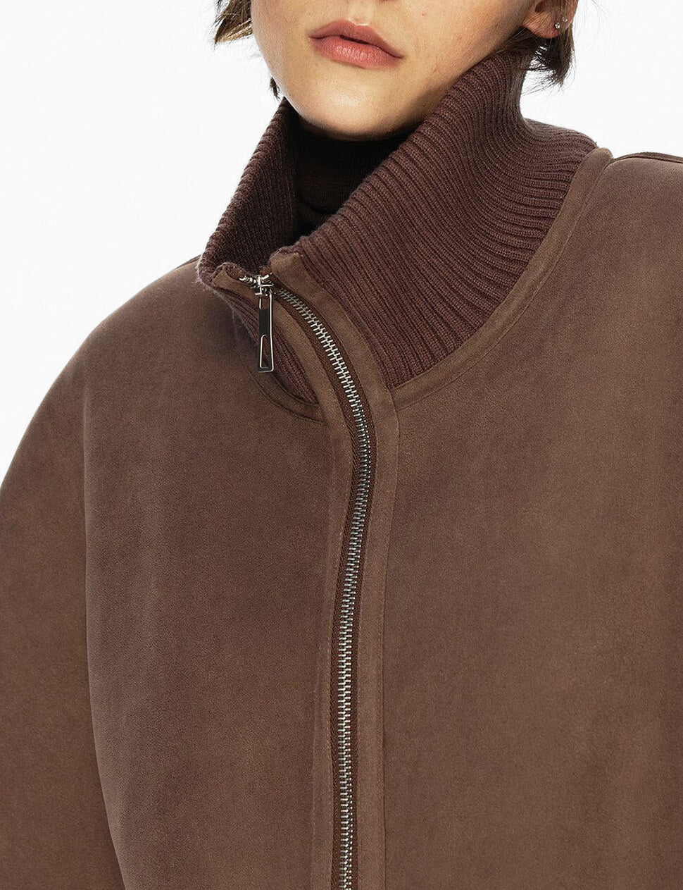 Knit High-Collar Zip Cape in Brown -PREORDER